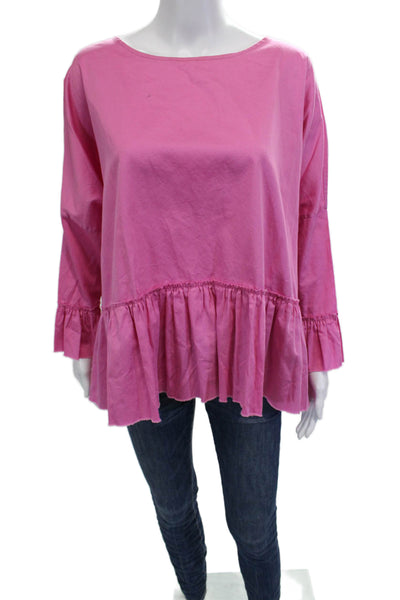 Basia Womens Tunic Blouse Pink Cotton Long Sleeve Round Neck Bohemian Size L