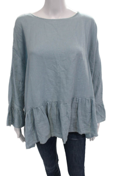 Basia Women Tunic Blouse Light Blue Cotton Blend Long Sleeve Boho Size L