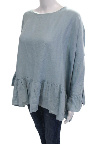 Basia Women Tunic Blouse Light Blue Cotton Blend Long Sleeve Boho Size L