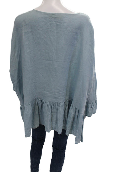 Basia Women Tunic Blouse Light Blue Cotton Blend Long Sleeve Boho Size L