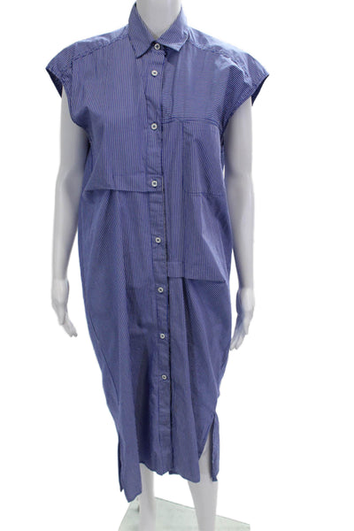 Zara Womens Striped Shirt Dress Blue Collared Short Sleeve Cotton Size S