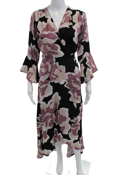 Veronica M Women Wrap Maxi Dress Black Floral V-Neck 3/4 Sleeve Size XS