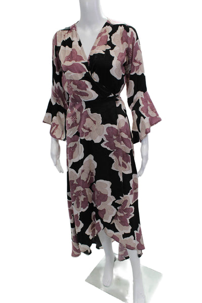 Veronica M Women Wrap Maxi Dress Black Floral V-Neck 3/4 Sleeve Size XS