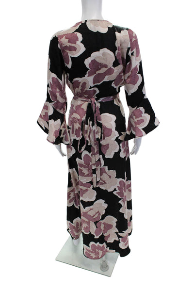 Veronica M Women Wrap Maxi Dress Black Floral V-Neck 3/4 Sleeve Size XS
