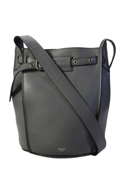 Celine Womens Single Strap Buckle Top Leather Bucket Handbag Gray