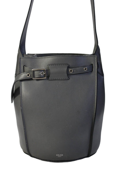 Celine Womens Single Strap Buckle Top Leather Bucket Handbag Gray
