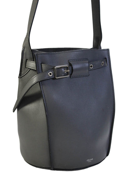 Celine Womens Single Strap Buckle Top Leather Bucket Handbag Gray