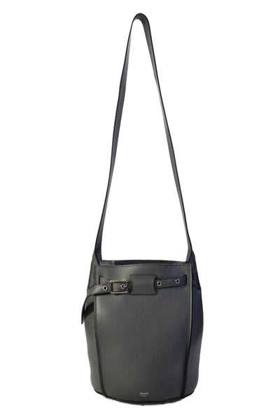 Celine Womens Single Strap Buckle Top Leather Bucket Handbag Gray