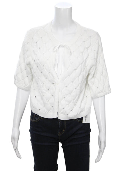 Kinross Unisex Cardigan White Cashmere Silk Argyle Size L