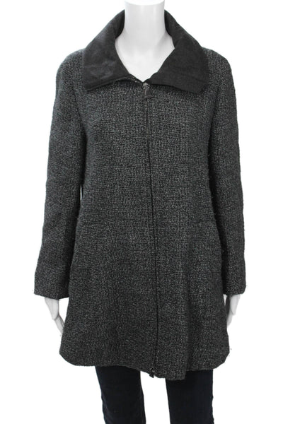 Akris Womens Designer Overcoat Black Collared Zip Long Sleeve Wool Blend Size 8
