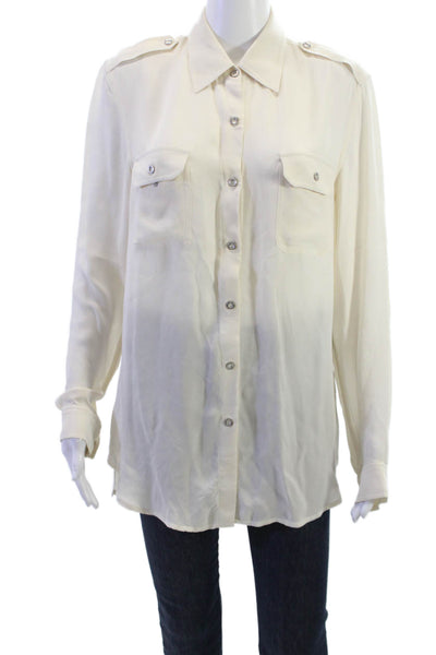 Vince Women Silk Collared Button Up Blouse Beige Long Sleeve Basic Size M