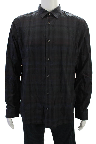 Vince Mens Cotton Plaid Print Collared Buttoned-Down Deep Purple Size L