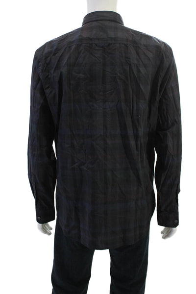Vince Mens Cotton Plaid Print Collared Buttoned-Down Deep Purple Size L