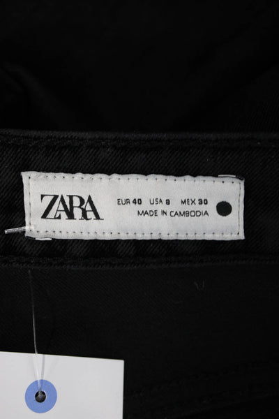 Zara Womens Straight Cropped Black Jeans Button High Rise Size 8