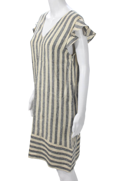 Twinset Womens Shift Dress Beige Linen Striped V-Neck Short Sleeve Zip Size 44