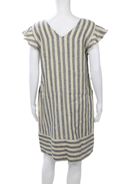 Twinset Womens Shift Dress Beige Linen Striped V-Neck Short Sleeve Zip Size 44