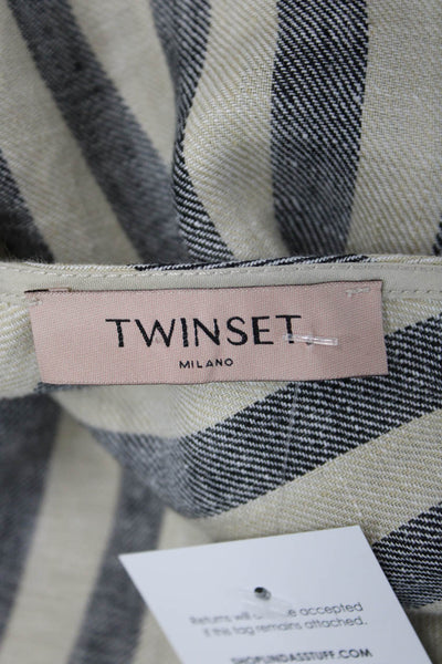 Twinset Womens Shift Dress Beige Linen Striped V-Neck Short Sleeve Zip Size 44