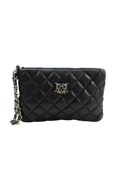 Love Moschino Womens Zip Top Quilted Leather Logo Wristlet Handbag Black
