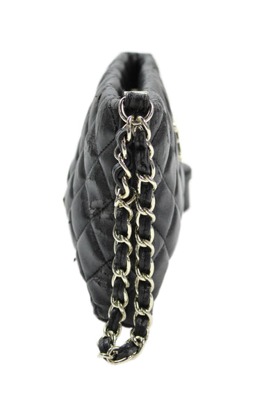 Love Moschino Womens Zip Top Quilted Leather Logo Wristlet Handbag Black