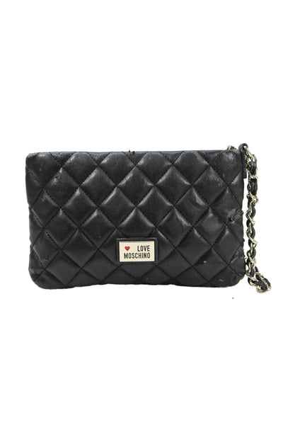 Love Moschino Womens Zip Top Quilted Leather Logo Wristlet Handbag Black
