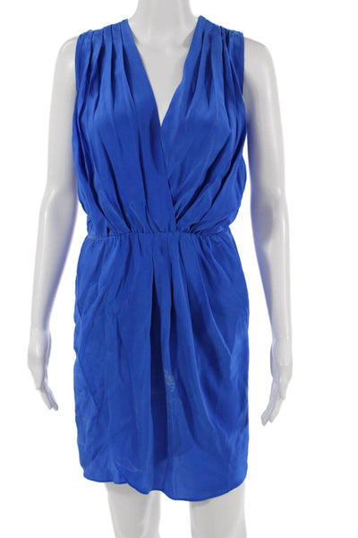 Amanda Uprichard Women Silk Blouson Mini Dress Blue V-Neck Sleeveless Size M