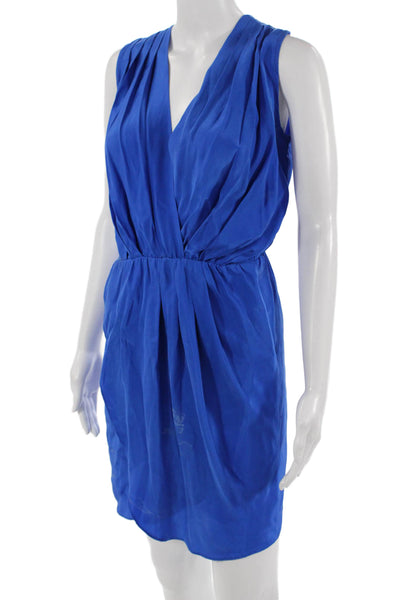 Amanda Uprichard Women Silk Blouson Mini Dress Blue V-Neck Sleeveless Size M