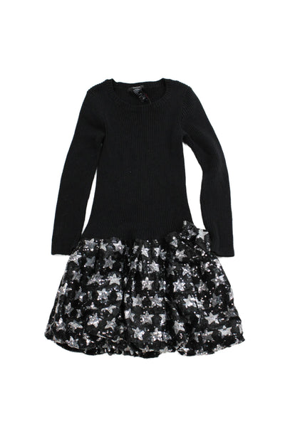 Tahari Girls Cotton Blend Sequin Long Sleeve Dress Black Size 5/6