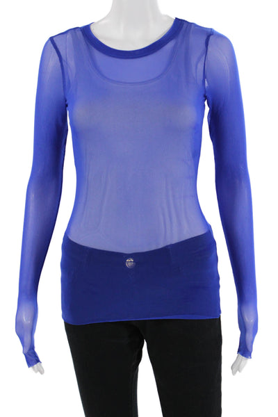 Naked Wardrobe Women Tops Blouses Blue Crew Neck Long Sleeve Button 90s Size XS