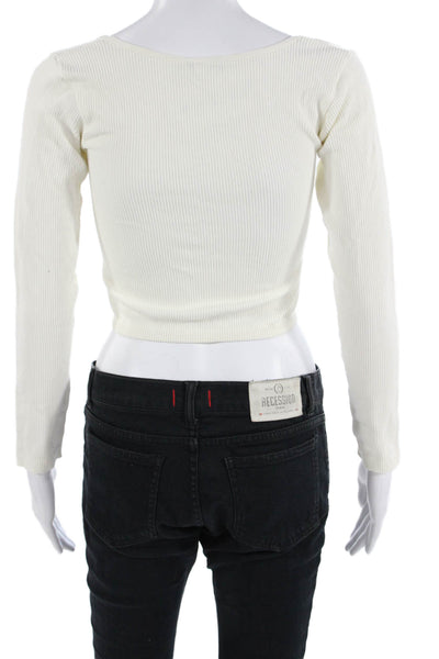 Zara Women Cropped Long Sleeve Square Neck Beige Polyester Top Size L