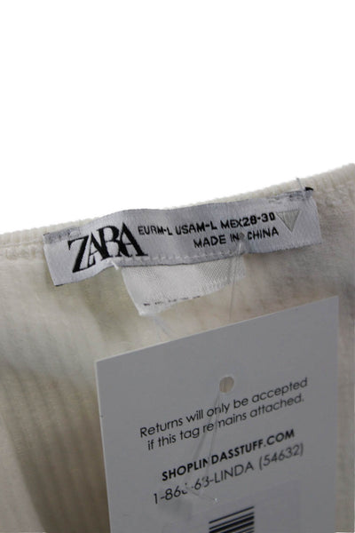 Zara Women Cropped Long Sleeve Square Neck Beige Polyester Top Size L