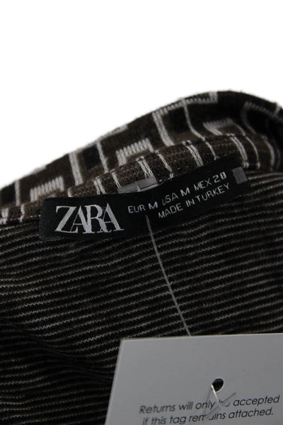 Zara Women Basic Long Sleeve Crew Neck Black Geometric Top Size M