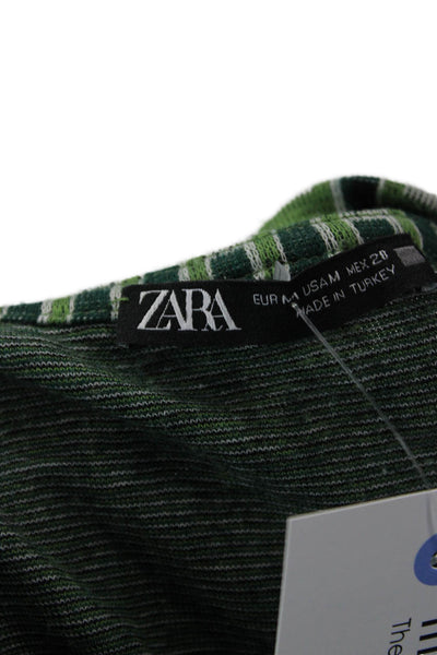 Zara Women Basic Geometric Crew Neck Long Sleeve T-Shirt Green Size M