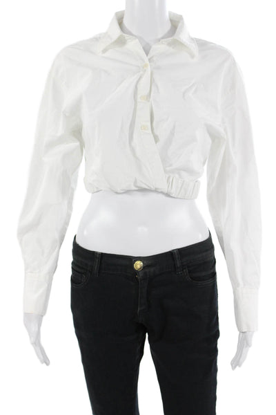 Zara Women Cropped Cotton Collared Long Sleeve Button-Up Top White Size S