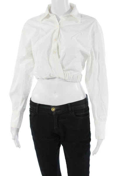 Zara Women Cropped Cotton Collared Long Sleeve Button-Up Top White Size S