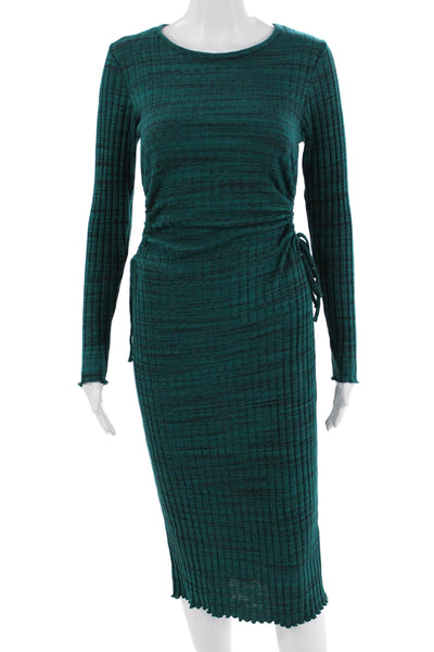 Zara Women Bodycon Sweater Dress Green Striped Crewneck Longsleeve Size M