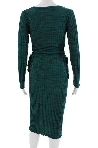 Zara Women Bodycon Sweater Dress Green Striped Crewneck Longsleeve Size M