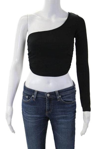 Zara Women Black Cropped Long Sleeve Button Front Top Cotton Elastane Size S