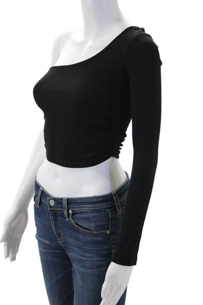 Zara Women Black Cropped Long Sleeve Button Front Top Cotton Elastane Size S