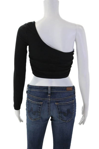 Zara Women Black Cropped Long Sleeve Button Front Top Cotton Elastane Size S