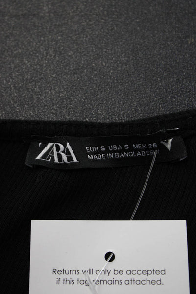 Zara Women Black Cropped Long Sleeve Button Front Top Cotton Elastane Size S
