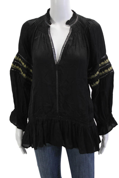 Ada Kamara Women Black Bohemian Tunic Blouse V-Neck Long Sleeve Size S