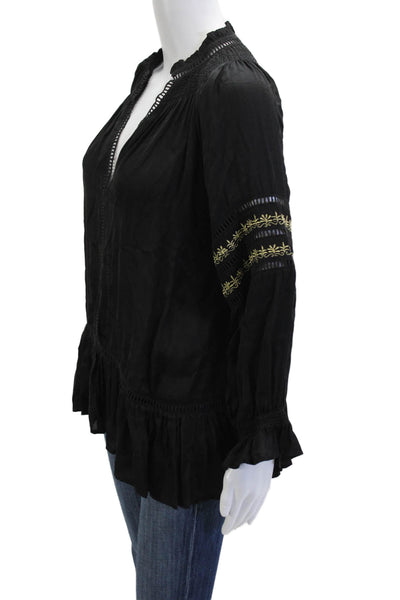 Ada Kamara Women Black Bohemian Tunic Blouse V-Neck Long Sleeve Size S