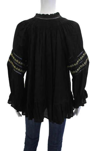 Ada Kamara Women Black Bohemian Tunic Blouse V-Neck Long Sleeve Size S