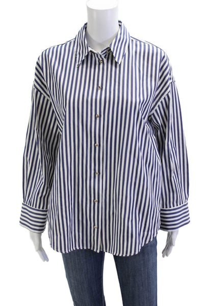 Zara Womens Collared Striped Button-Up Long Sleeve Blue Polyester Cotton Size S