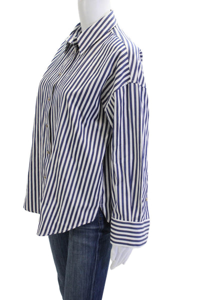Zara Womens Collared Striped Button-Up Long Sleeve Blue Polyester Cotton Size S