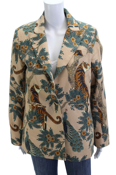 Las Surenas Womens Linen Floral One Button Long Sleeve Lined Blazer Tan Size L