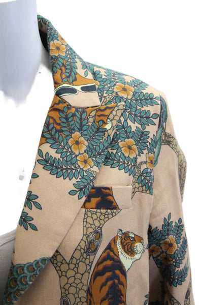 Las Surenas Womens Linen Floral One Button Long Sleeve Lined Blazer Tan Size L
