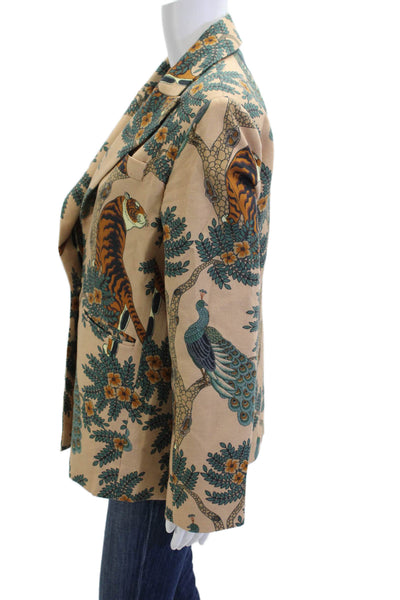 Las Surenas Womens Linen Floral One Button Long Sleeve Lined Blazer Tan Size L