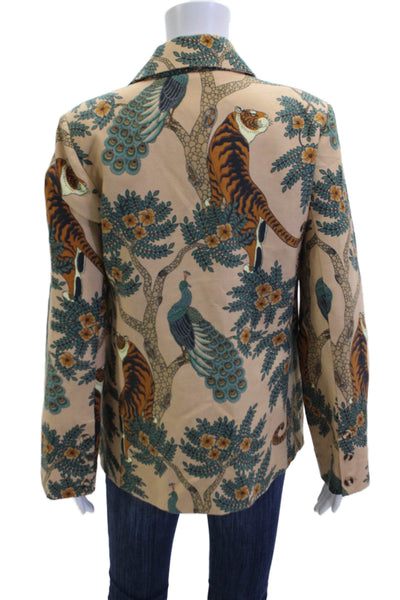 Las Surenas Womens Linen Floral One Button Long Sleeve Lined Blazer Tan Size L