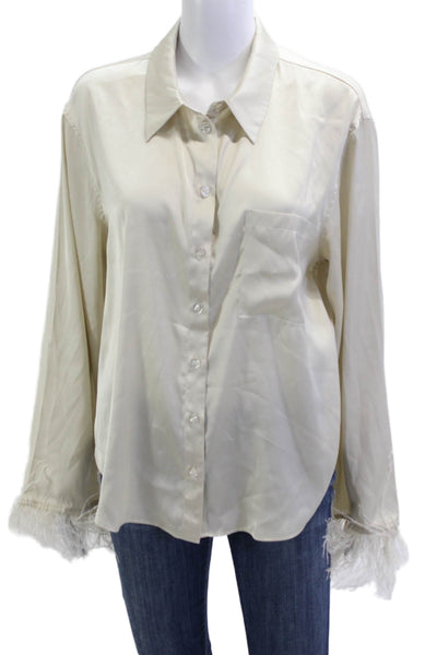 L'Academie Women Beige Collared Button Up Blouse Long Sleeve Polyester Size M